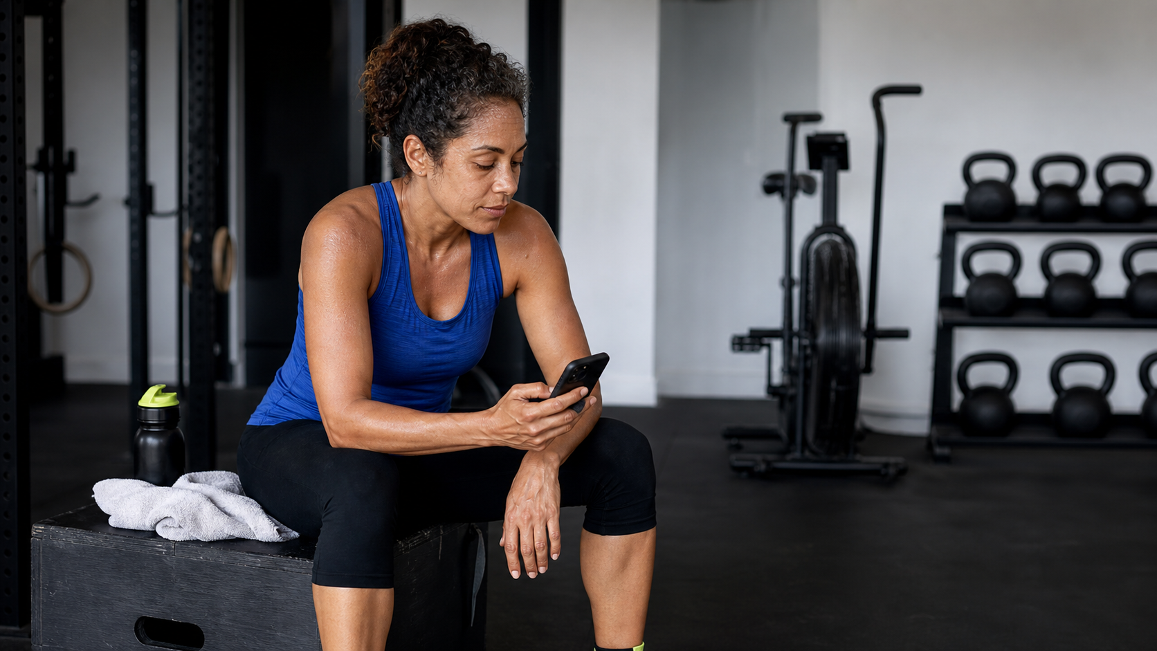 Mixed-race woman in a royal-blue training top reviewing an unreadable phone after a mixed-training gym session