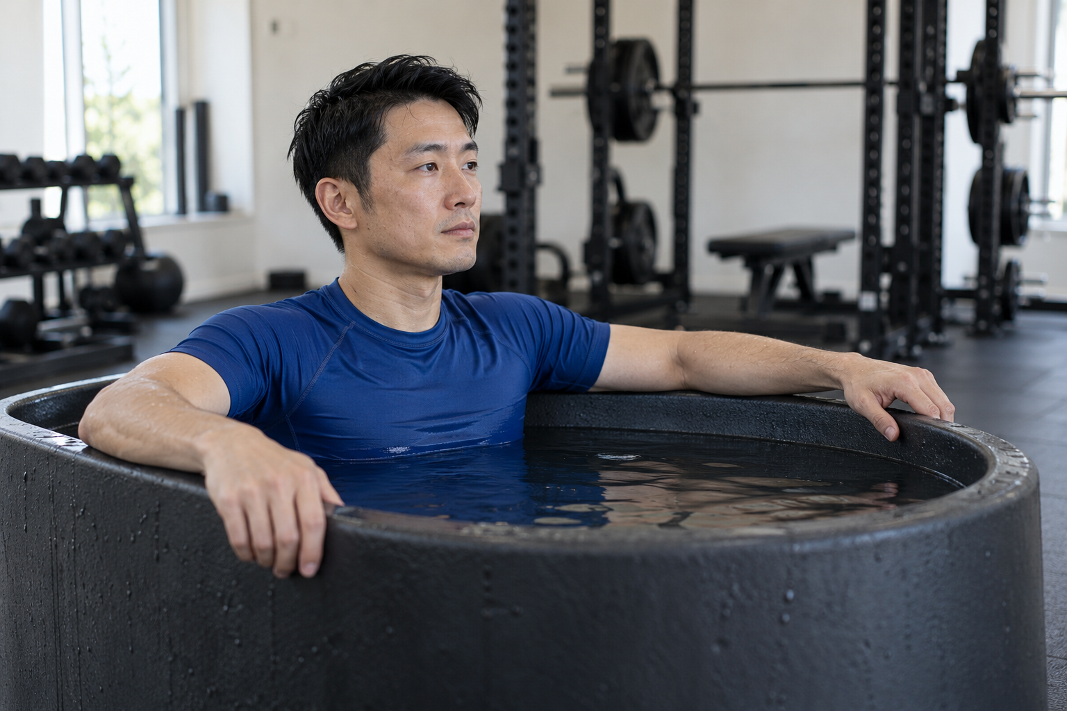 Man in a royal-blue top sitting upright in a charcoal recovery plunge tub, with strength equipment behind him in a bright gym.