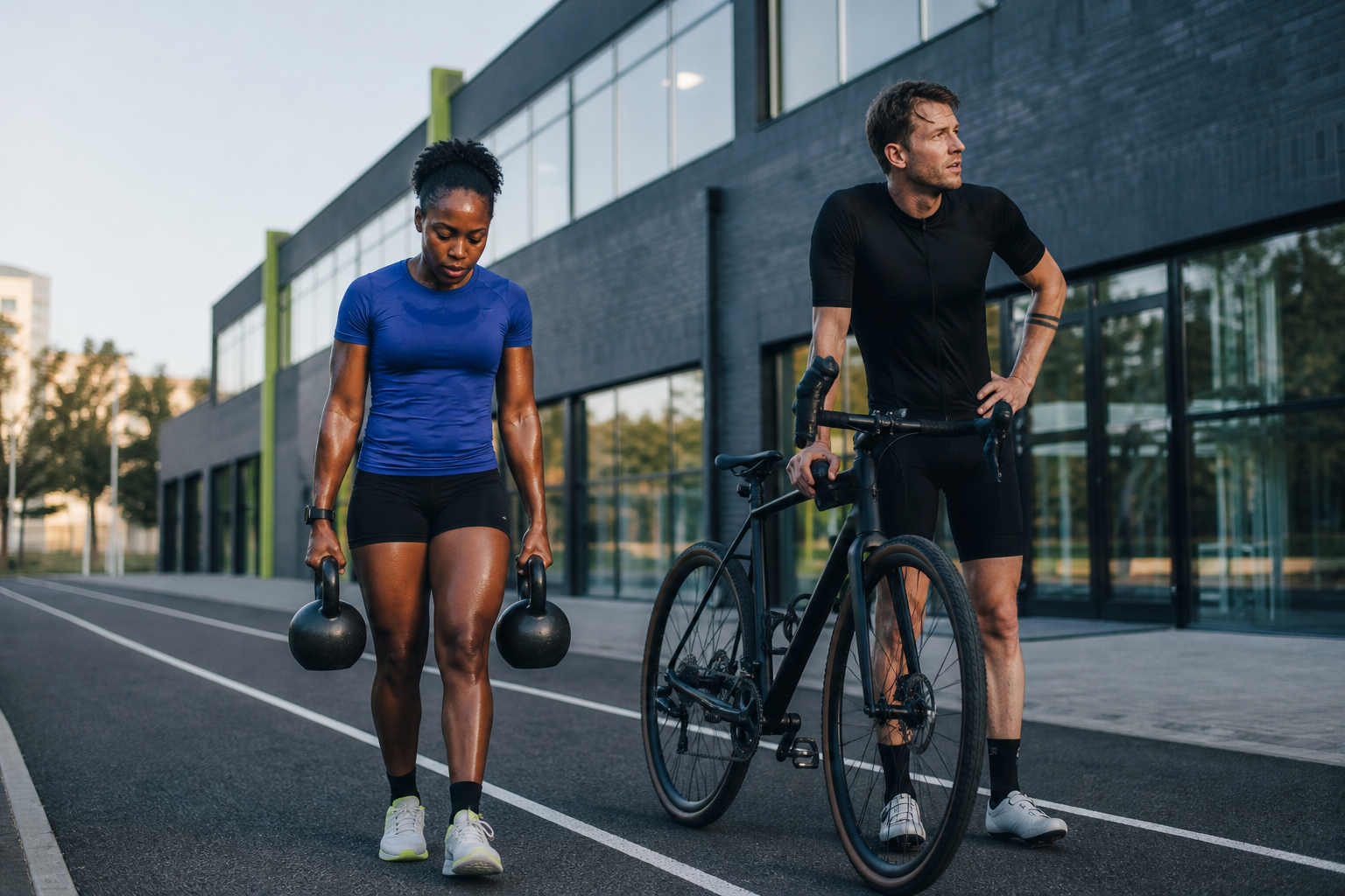 Dark-skinned woman carrying kettlebells beside a fair-skinned cyclist resting with a gravel bike outside a modern gym