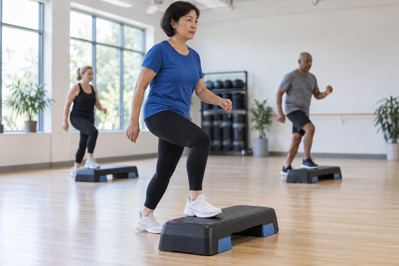 Woman in a royal-blue shirt stepping onto a low exercise platform during a fitness class in a bright studio.