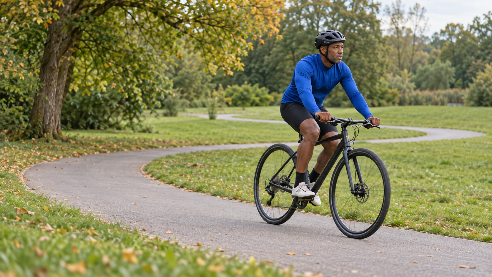 Man in a royal-blue cycling jersey riding a black bicycle around a curving park path in early autumn.