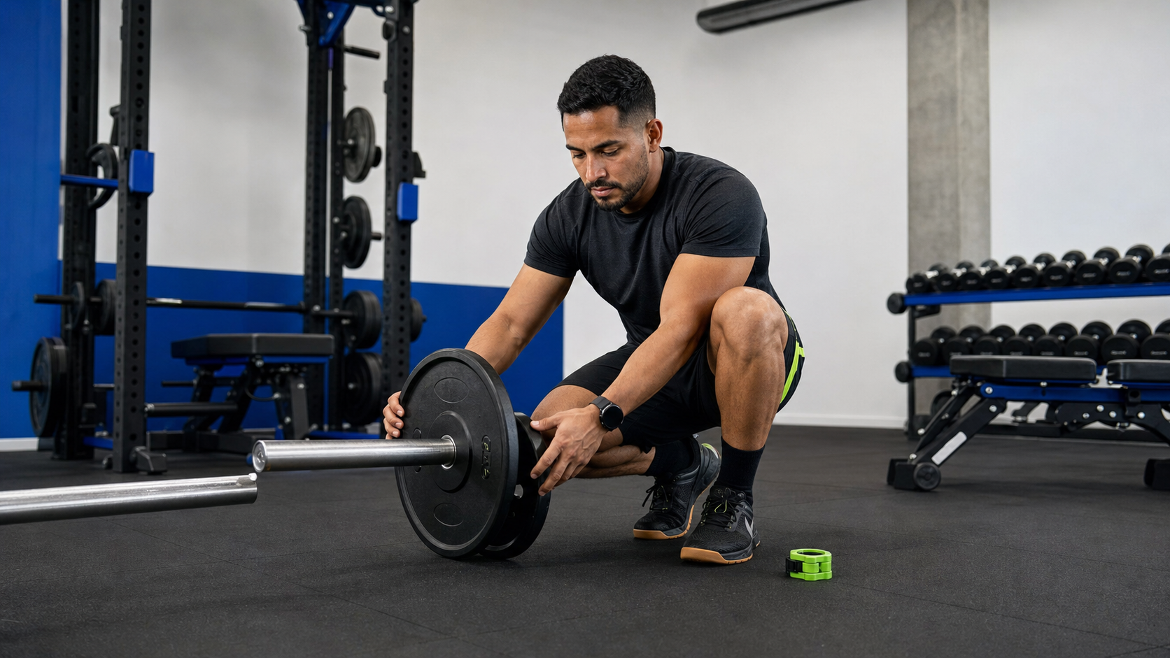Athlete adjusting a lighter barbell during a controlled deload session in a modern gym