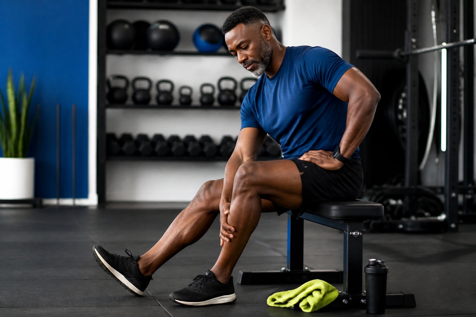 Middle-aged Black man in a blue training top seated on a gym bench after strength training, checking leg comfort beside a lime towel