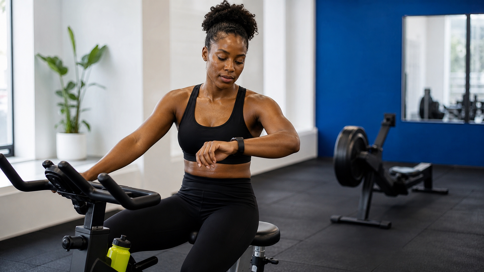 Black woman athlete on an indoor bike checking an unreadable smartwatch in a modern gym with blue and lime training accents