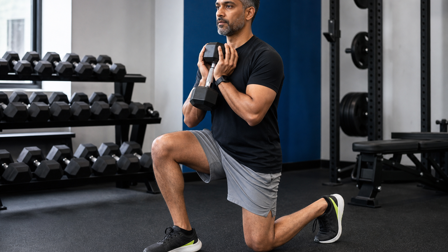 South Asian man doing a controlled dumbbell split squat in a modern strength gym