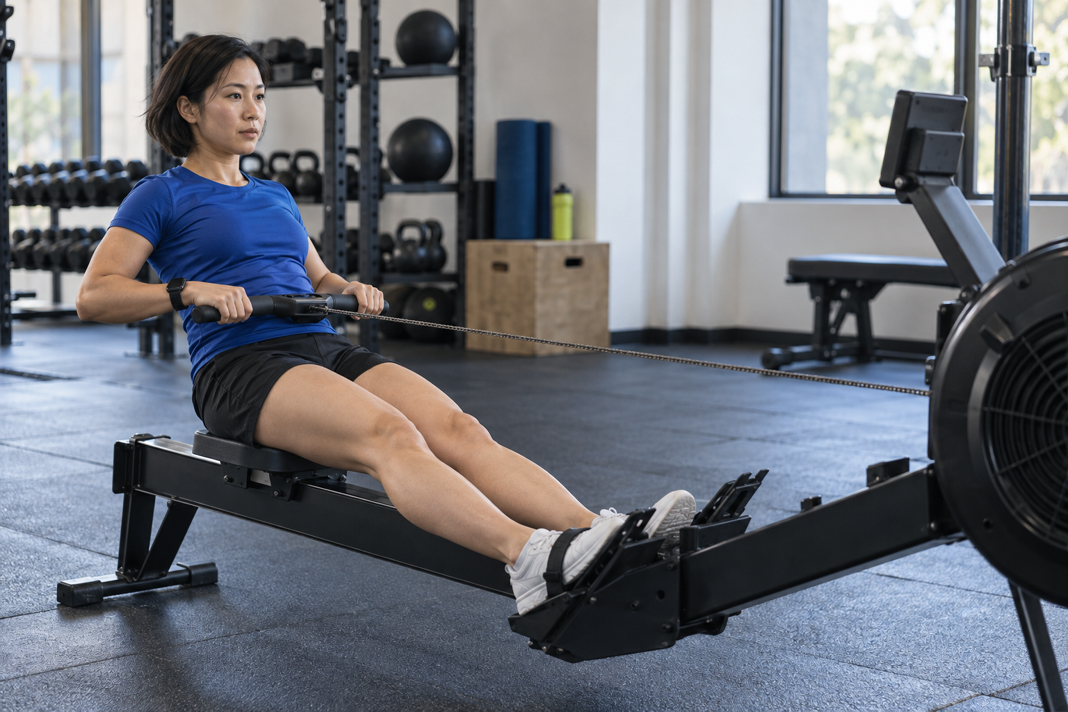 Woman in a royal-blue top rowing indoors, with a black sports watch visible above her wrist as she holds the handle.