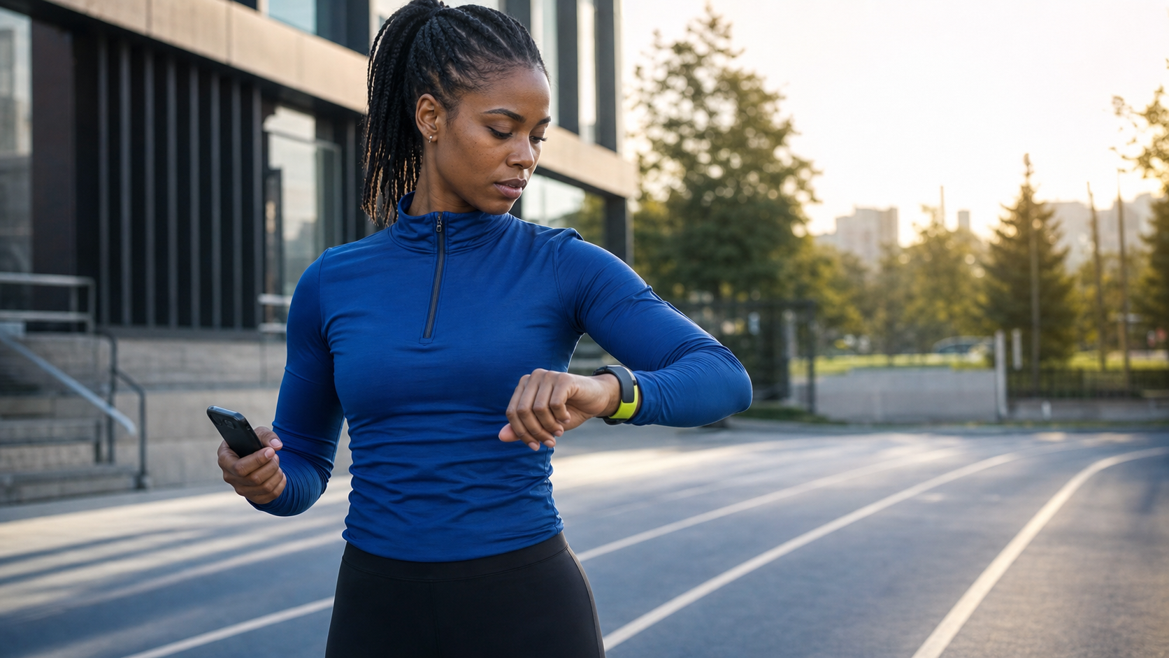 Runner checking smartwatch and phone before starting a MOTRA Coach session