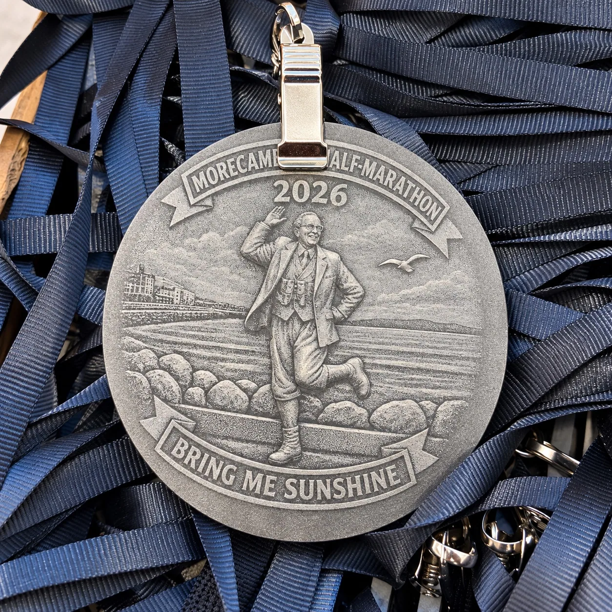 A 2026 Morecambe Half-Marathon medal with the Bring Me Sunshine design lying on navy ribbons.