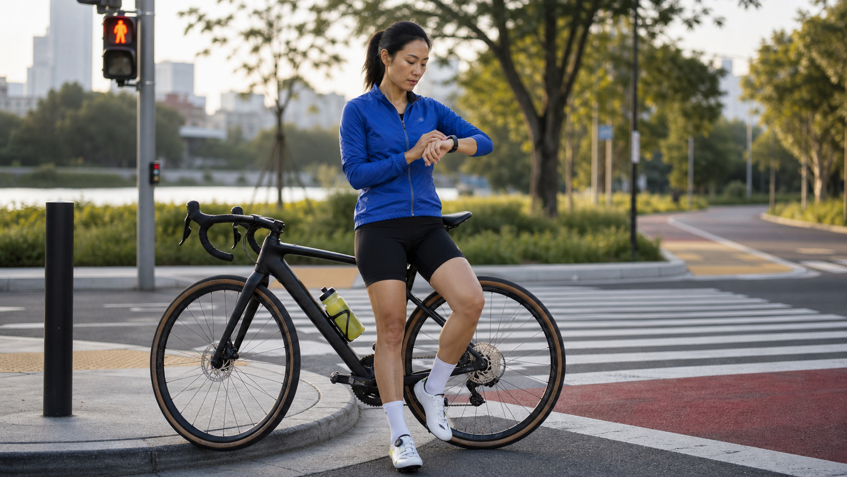 East Asian woman in a royal-blue cycling jacket stopped at a crossing beside a black gravel bike while checking an unreadable smartwatch