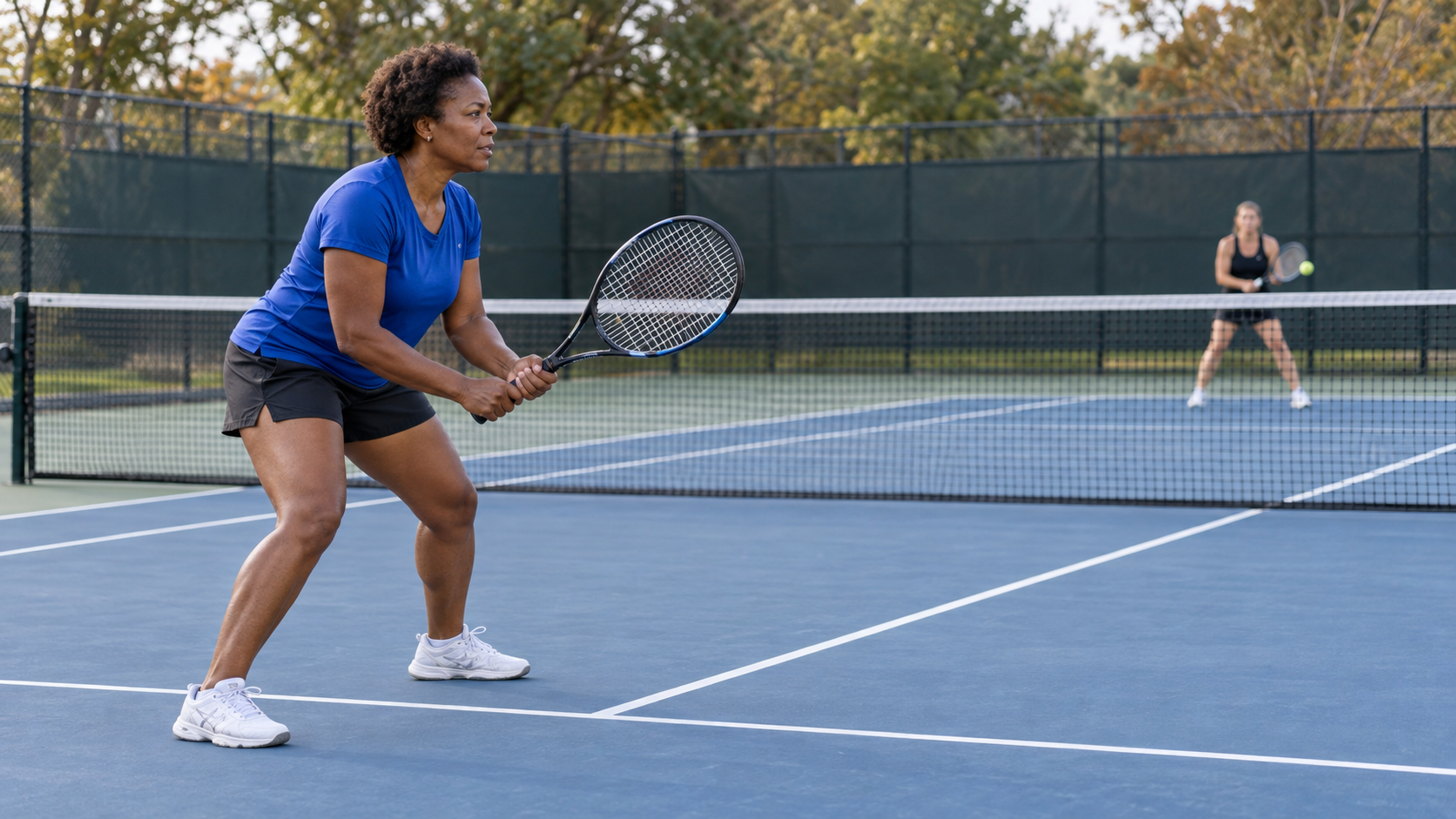 Woman in a royal-blue shirt holding a tennis racket in a ready stance, with a practice partner across the net.