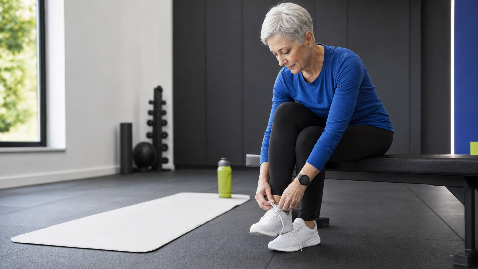 Older woman in a royal-blue training top tying her shoe beside a white exercise mat in a quiet modern studio