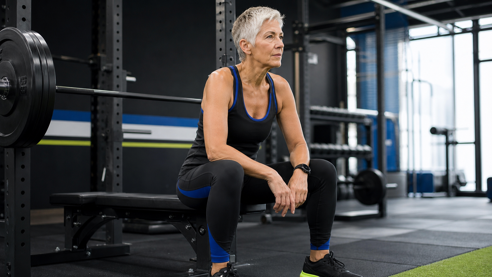 Older fair-skinned woman athlete resting between barbell strength sets in a clean modern gym with blue and lime accents