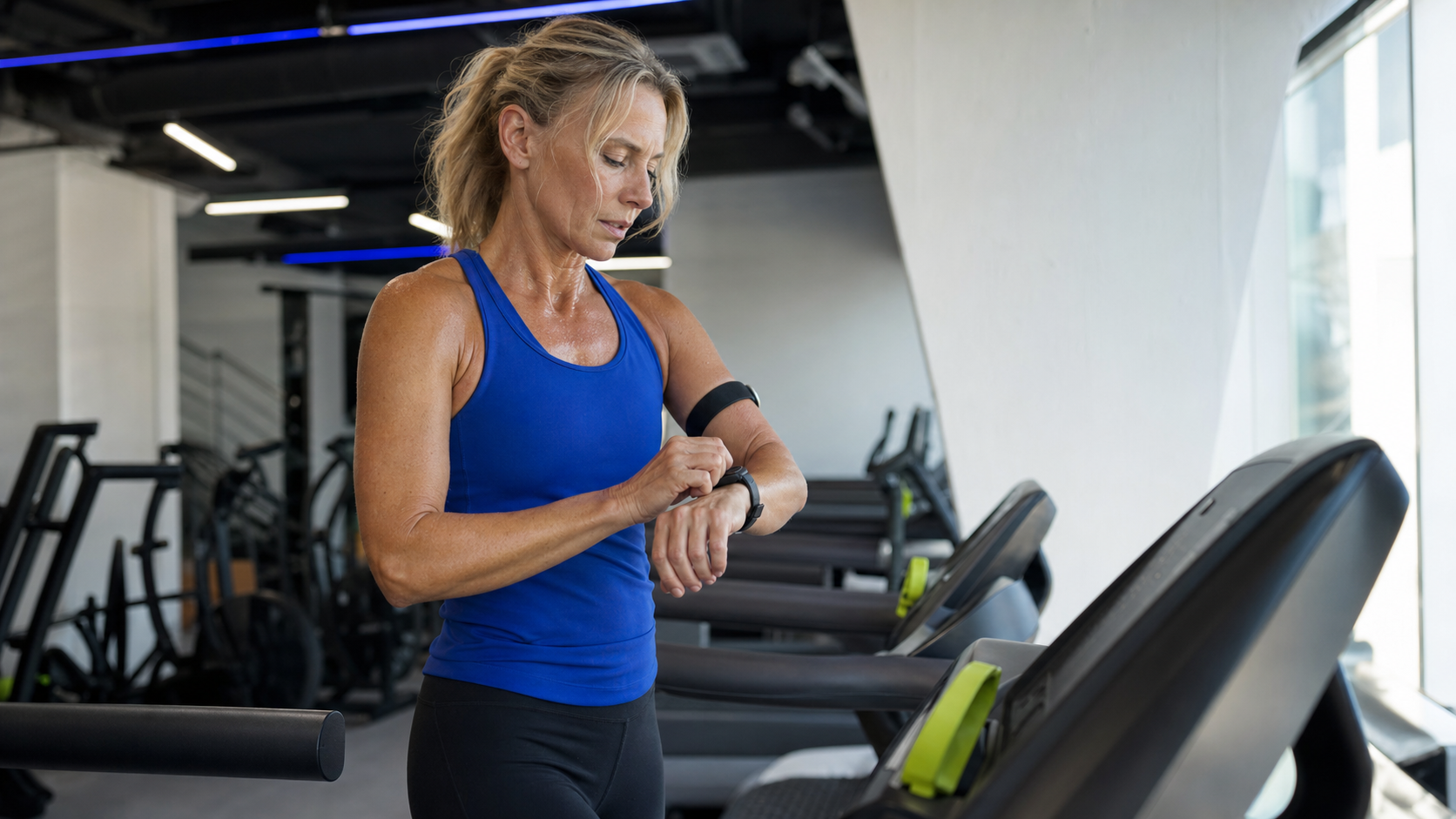 Middle-aged woman in a blue training top checking an unreadable smartwatch beside treadmills in a modern gym