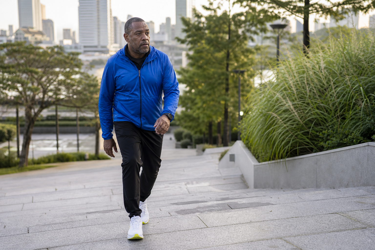 Middle-aged Black man in a royal-blue jacket brisk walking uphill on a modern urban park path