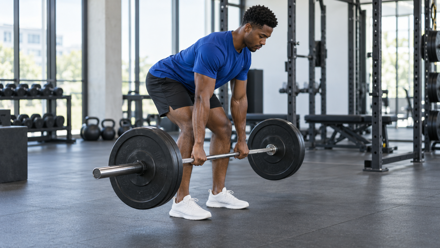 Man in a royal-blue shirt performing a barbell Romanian deadlift in a bright gym, with the bar held close to his shins.