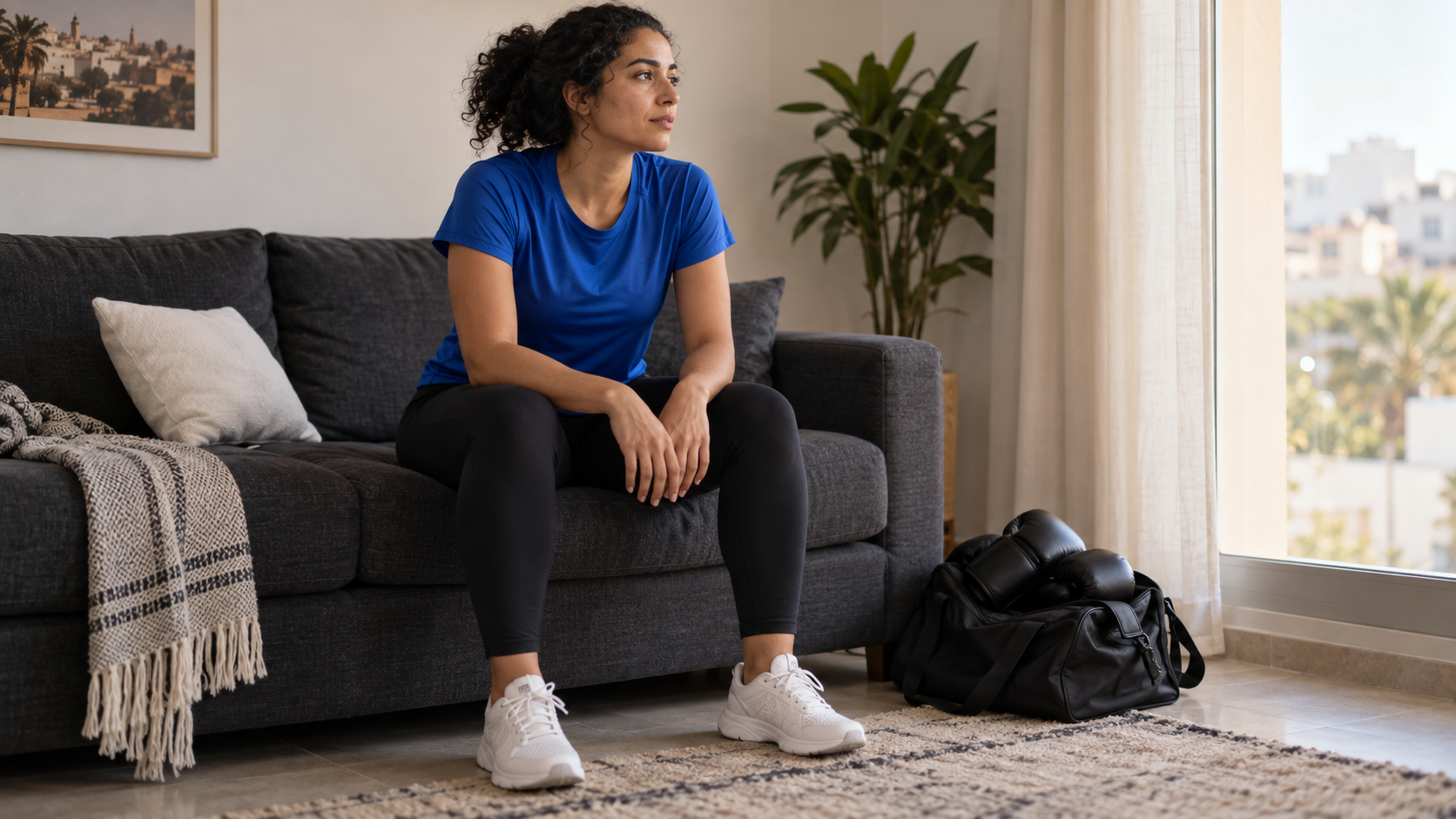 Woman in a royal-blue training top sitting on a sofa after a nap, with boxing gloves and a gym bag beside her.