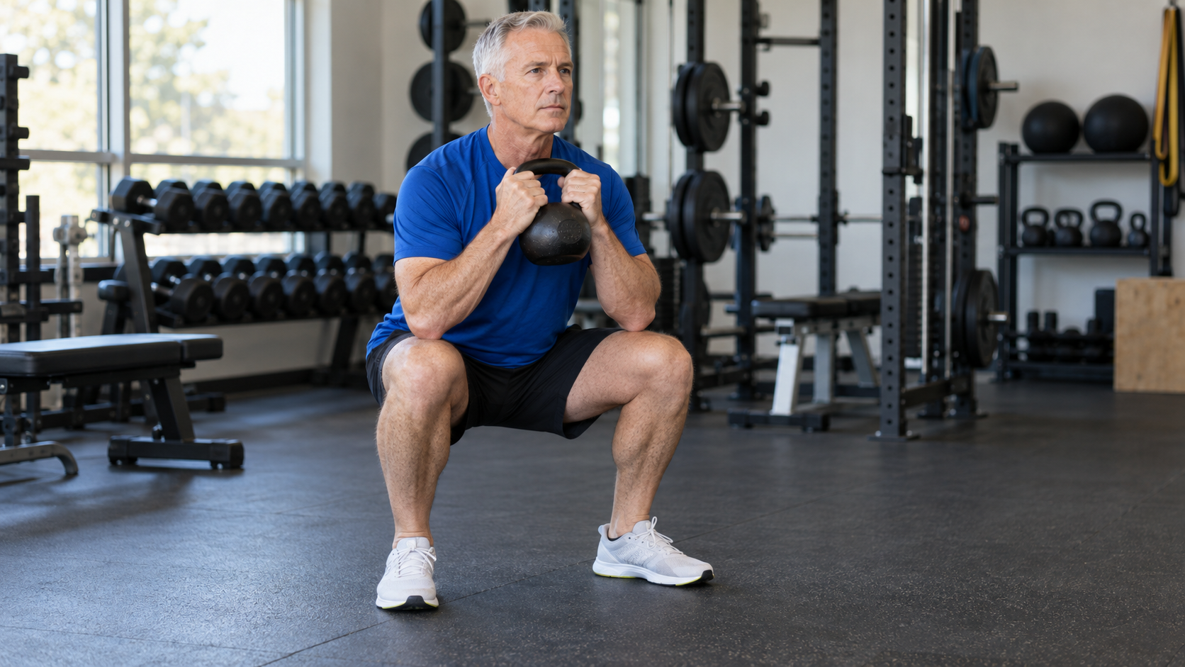 Grey-haired man in a royal-blue shirt performing a kettlebell goblet squat in a bright, well-equipped gym.
