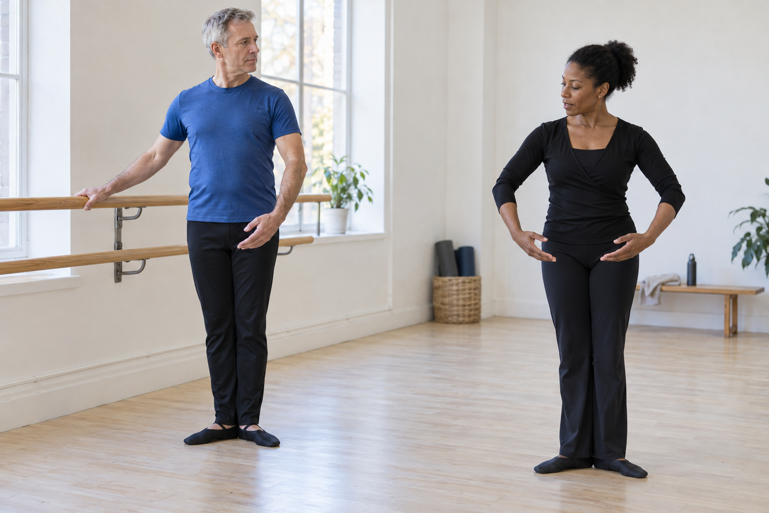 Grey-haired man in a royal-blue shirt learning a ballet arm position beside a barre, guided by an instructor in a bright studio.