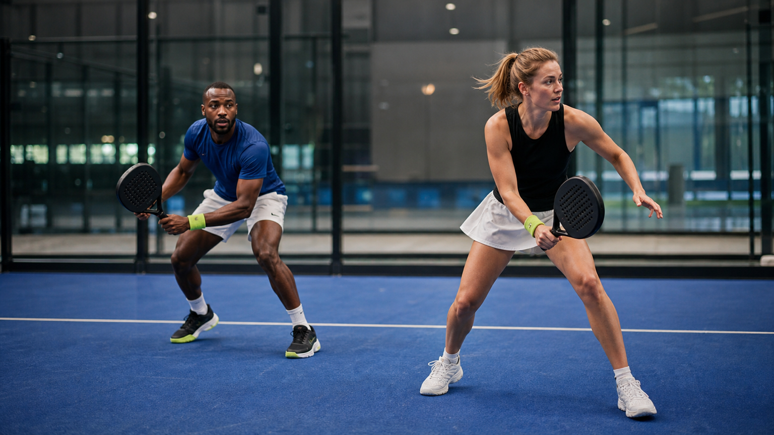Two padel players reacting during a quick indoor rally on a blue court with glass walls
