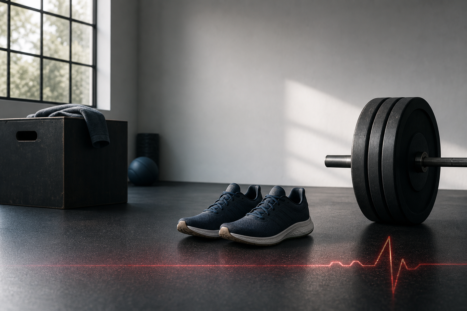 Running shoes beside a loaded barbell in a minimalist gym, with a subtle heart-rate line glowing across the floor