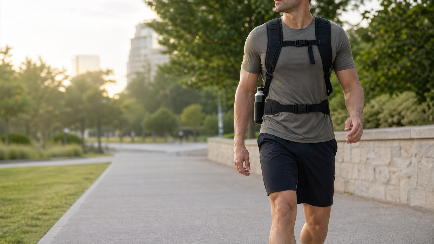 Athlete walking through a city park with a black weighted vest in soft morning light