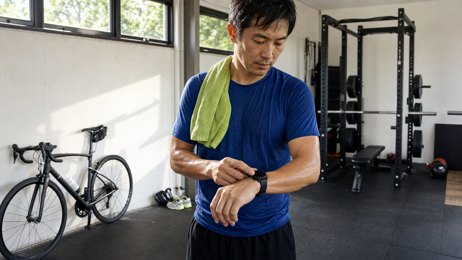 East Asian man in a blue training top checking an unreadable sports watch between a road bike and strength rack in a modern gym