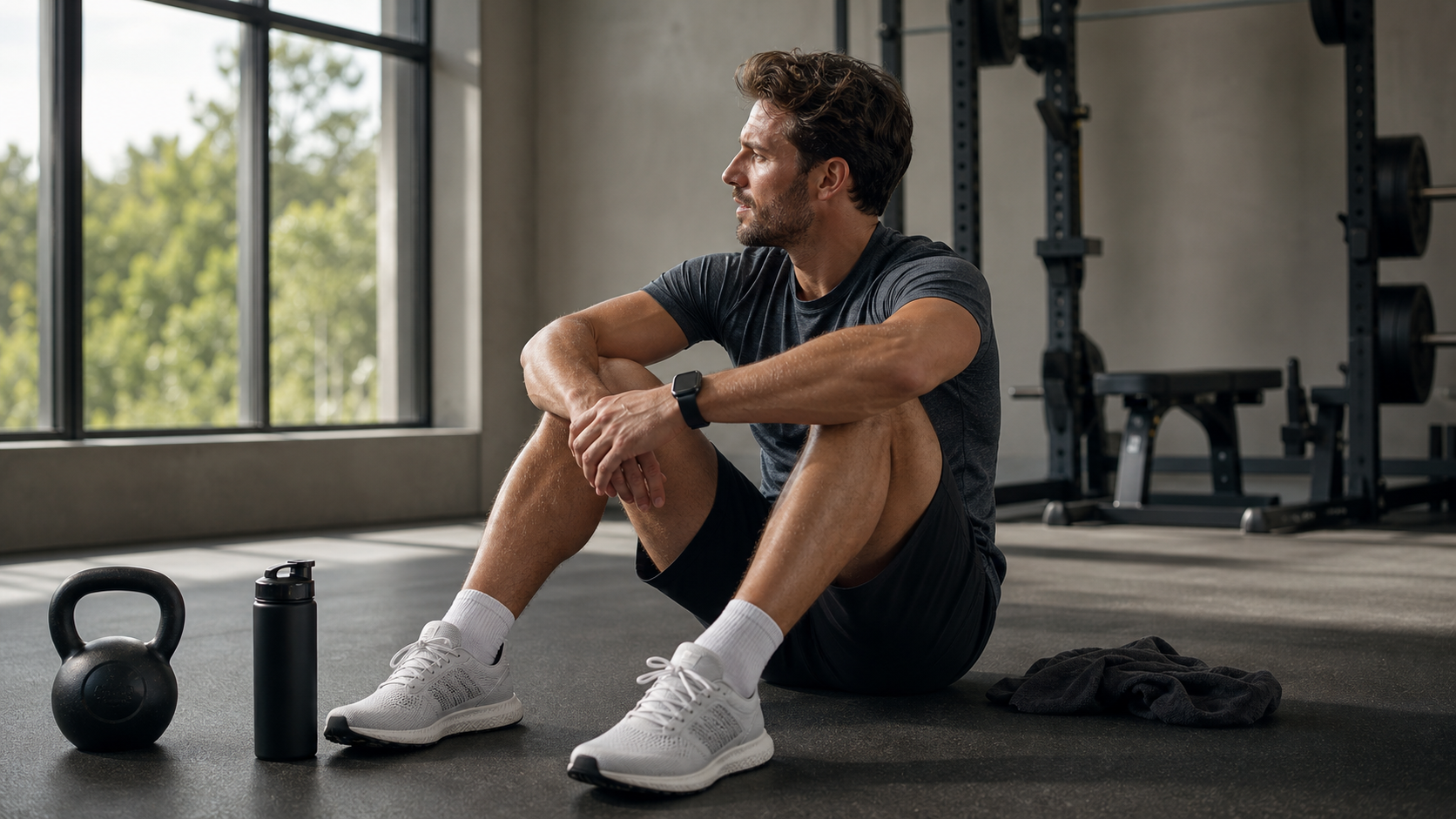 Athlete wearing a smartwatch resting on a gym floor beside a kettlebell and water bottle