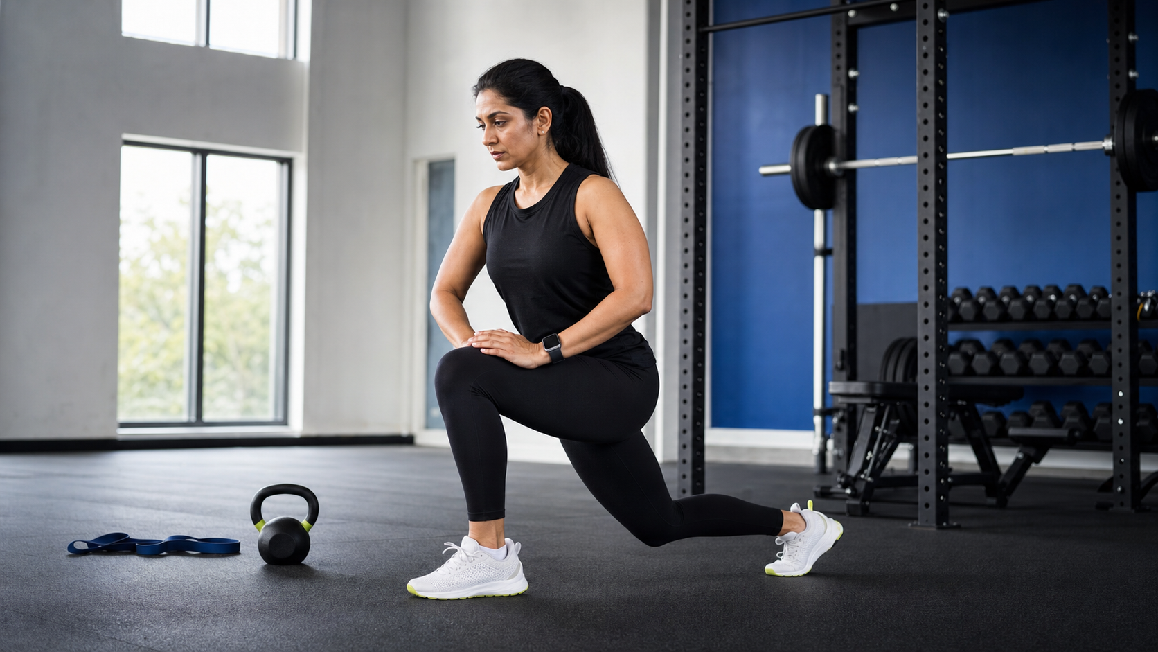 South Asian woman athlete performing a dynamic lunge warm-up in a clean modern gym with blue and lime training accents
