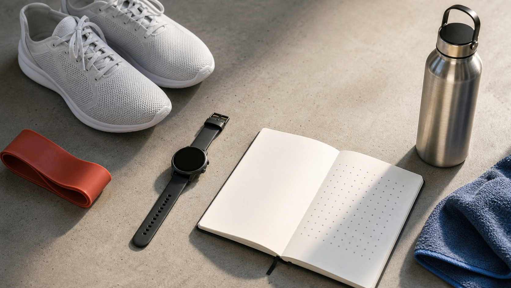A screen-off smartwatch, training shoes, resistance band, water bottle, and open habit notebook on a concrete gym floor