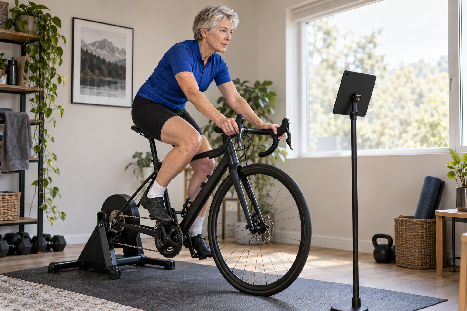 Grey-haired woman in a royal-blue jersey cycling on an indoor trainer beside a tablet with its screen facing away.