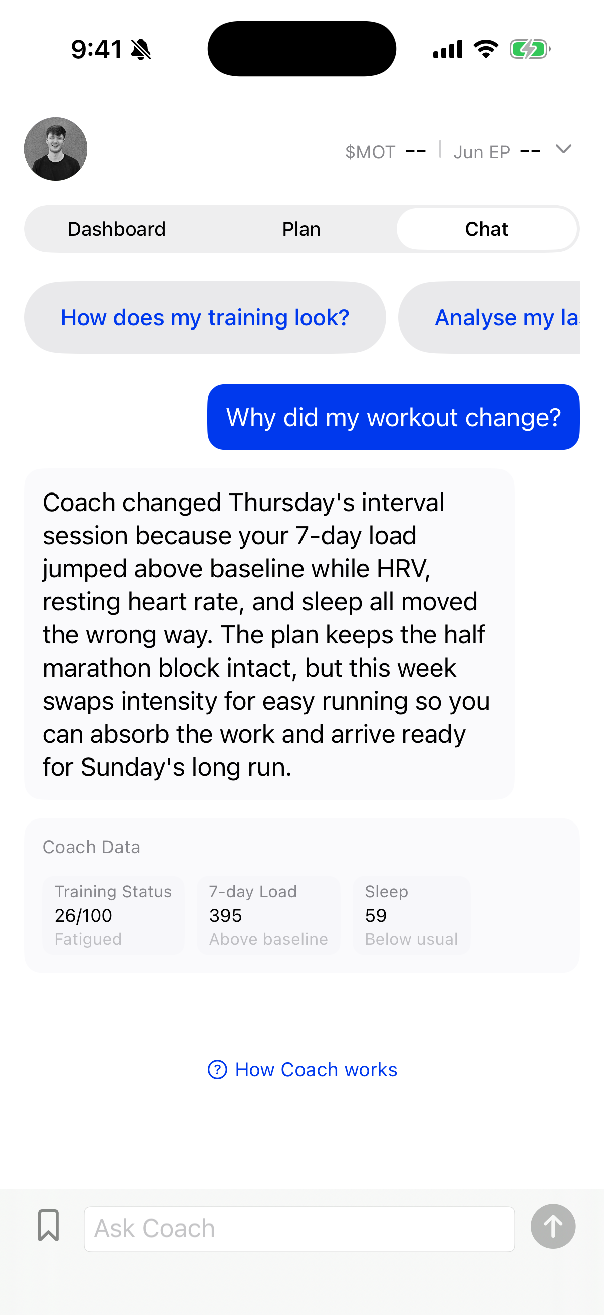 MOTRA Coach chat explaining why an interval workout changed after load, HRV, resting heart rate, and sleep moved the wrong way.
