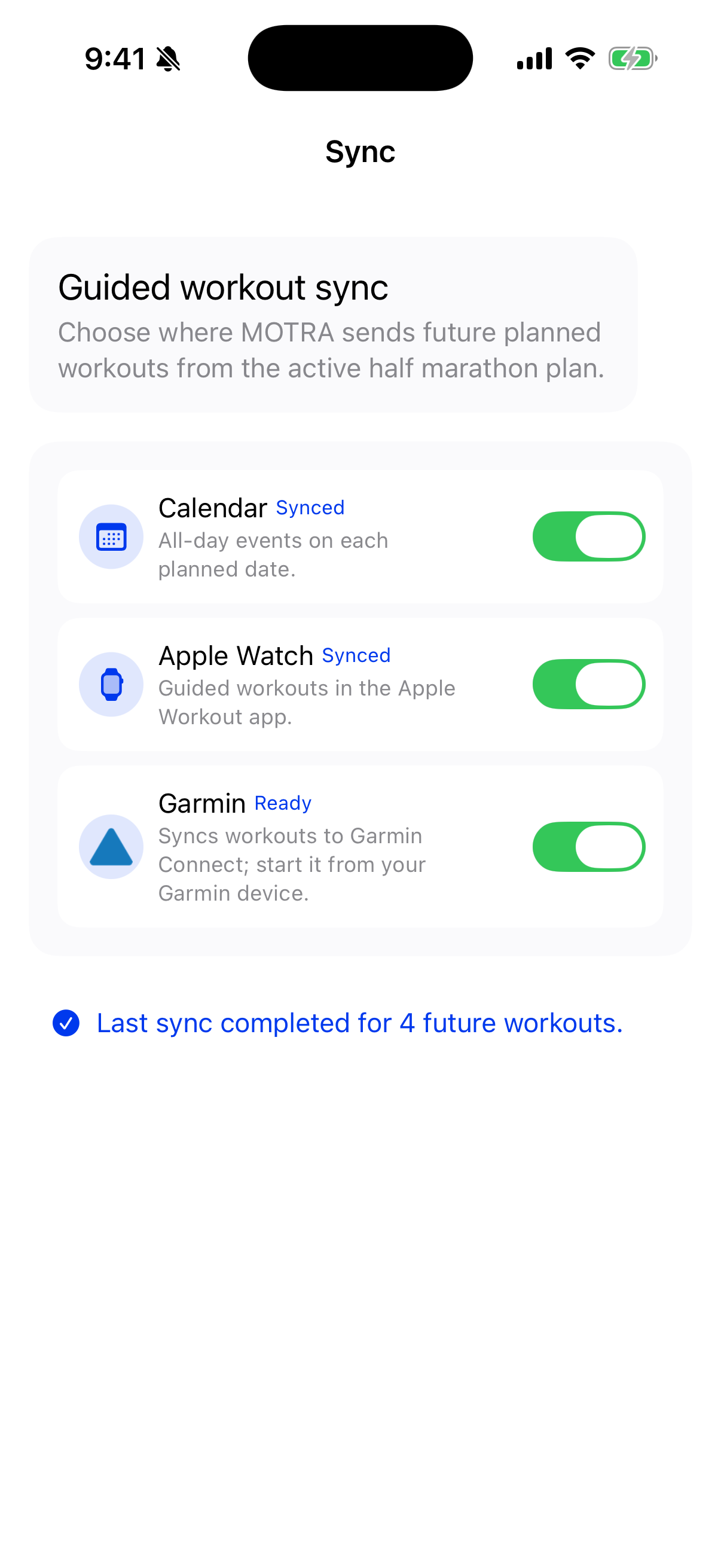 MOTRA guided workout sync settings showing Calendar, Apple Watch, and Garmin destinations.