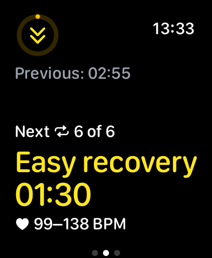 Apple Watch MOTRA workout view showing the next easy recovery interval.