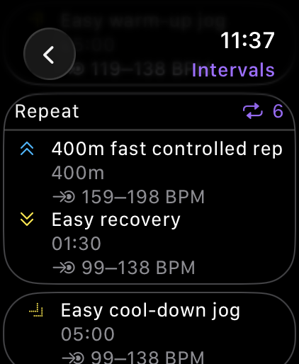 Apple Watch MOTRA guided workout structure showing repeat interval guidance.