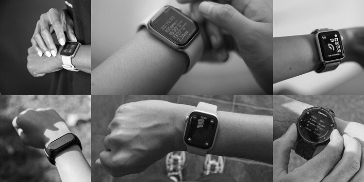 Collage of smartwatches showing workout and heart rate data