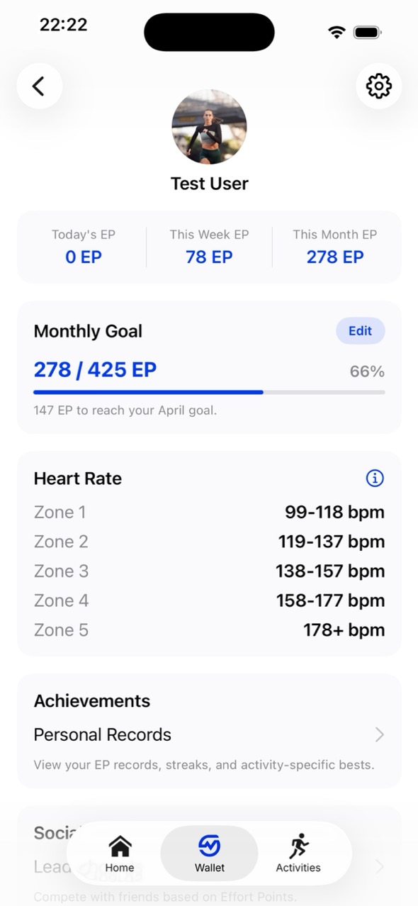 MOTRA profile screen with training stats