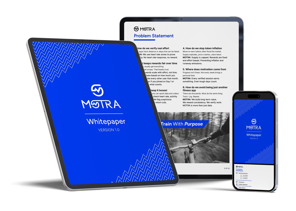 Tablet, phone, and printed pages showing the MOTRA whitepaper