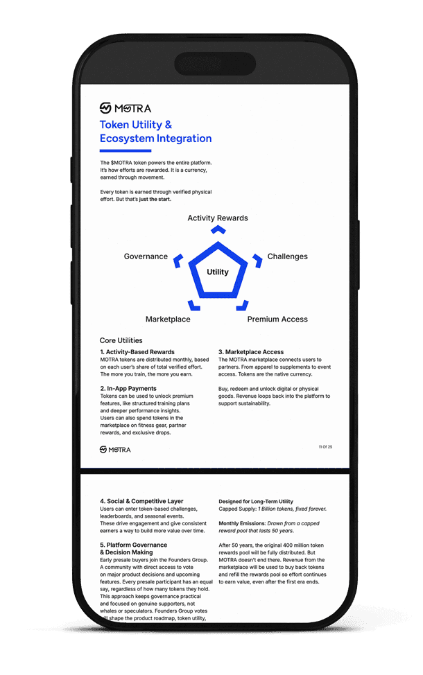 Phone showing the $MOT token utility section of the whitepaper